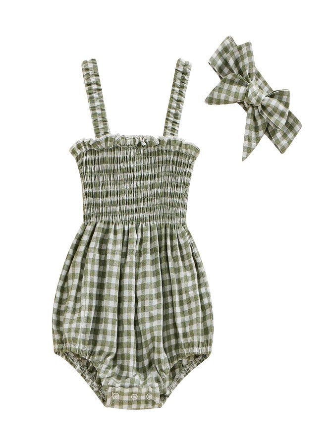 FOMOYUU Newborn Baby Girl Romper Summer Sleeveless Smocked Cotton Linen Clothes Outfit with Headband (Green Plaid, 0-3 Months) - Image 1