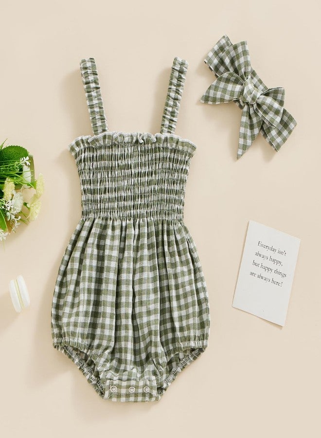 FOMOYUU Newborn Baby Girl Romper Summer Sleeveless Smocked Cotton Linen Clothes Outfit with Headband (Green Plaid, 0-3 Months) - Image 2