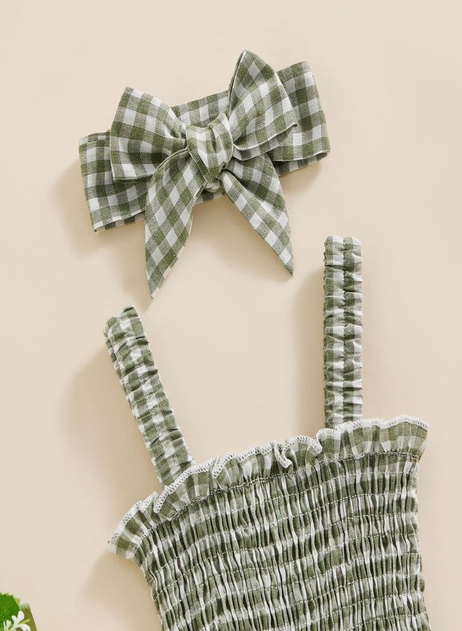FOMOYUU Newborn Baby Girl Romper Summer Sleeveless Smocked Cotton Linen Clothes Outfit with Headband (Green Plaid, 0-3 Months) - Image 5