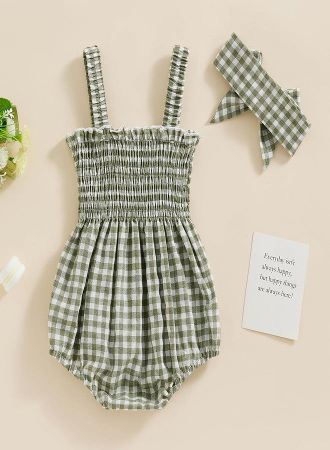 FOMOYUU Newborn Baby Girl Romper Summer Sleeveless Smocked Cotton Linen Clothes Outfit with Headband (Green Plaid, 0-3 Months) - Image 4