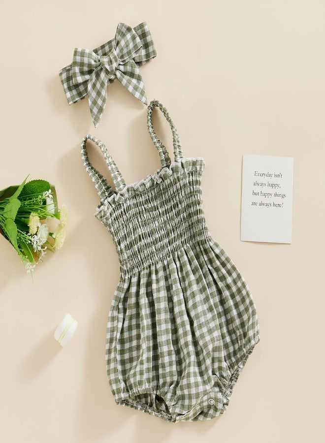 FOMOYUU Newborn Baby Girl Romper Summer Sleeveless Smocked Cotton Linen Clothes Outfit with Headband (Green Plaid, 0-3 Months) - Image 3