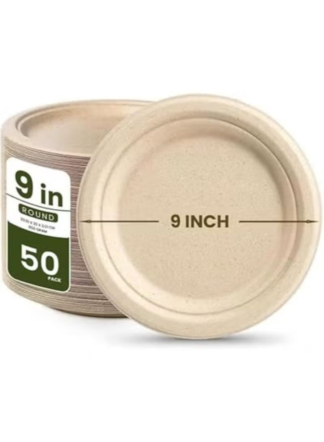 Ecoway [9 Inch Round Plate Pack Of 50] Natural Color- Disposable Plates Made With Bagasse Sugar Canes Microwave & Freeze Safe, Compostable & Biodegradable Dinner Plates, Strong Everyday Tableware - Image 1