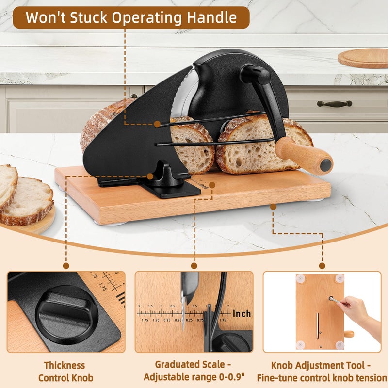 CAWIU Upgraded Manual Bread Slicer for Homemade Sourdough Bread - Adjustable Thickness Bread Cutter with Hand Crank, Suction Cups, Slicing Guide, Scale Line & Cover, for Perfect Even Slices (Black) - Image 3