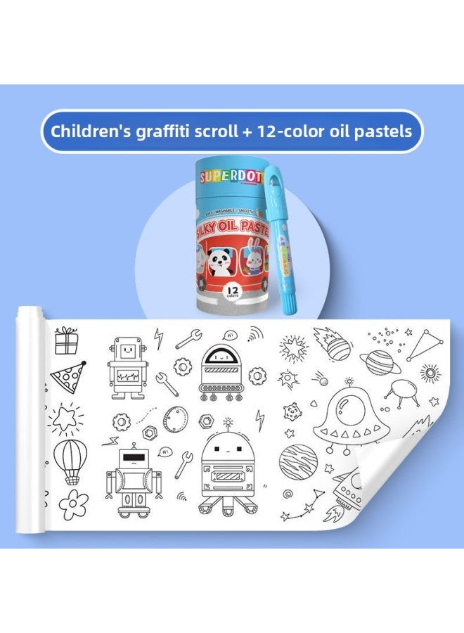 Painting Paper Non-dirty Wall Can Be Pasted Baby Canvas Non-dirty Picture Scroll Kindergarten Baby Canvas Children's Graffiti Picture Scroll-Color:Wall Can Be Affixed With Paper +12 Color Oil Painting Stick [animal]]