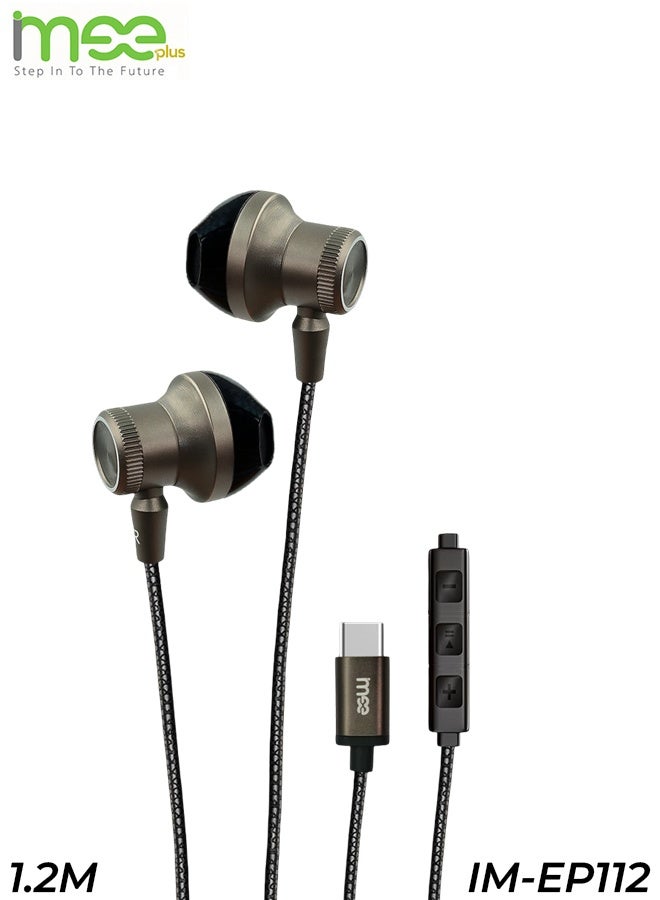 آیمی سماعات أذن سلكية IMEE Plus IM-EP112 من النوع C بطول كابل 1.2 متر، صوت ستيريو عالي الدقة، مشغلات ديناميكية 10 مم، هيكل معدني، ميكروفون مدمج مع تحكم في مستوى الصوت، متوافقة مع الهواتف الذكية والأجهزة اللوحية وأجهزة الكمبيوتر المحمولة - Image 1