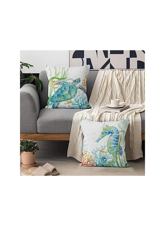 Zaboon Ocean Beach Throw Pillow Cover s, Azonee Nautical Pillow Cover s 18x18 Inch Set of 4, Summer Theme Sea Turtle Seahorse Sea Fish Sea Crab Decor Square Pillowcase for Patio Couch Sofa - Image 3