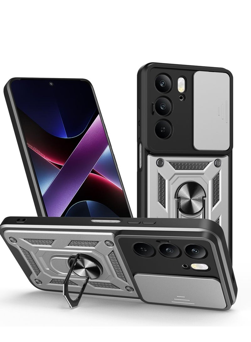 جراب حمايه مقاوم للصدمات وحمايه للكاميرا مزود بدبله معدنيه متوافق مع  Realme C75 / Realme C75x (فضي)