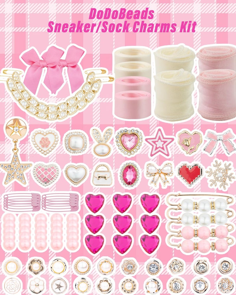 DoDoBeads 95 Pcs Pink Shoe Charms for Sneakers, Junk Socks Charms Kit with Satin & Lace Shoelaces, Pink Sneaker Charm for Women, Cute Shoelace Sock Charm for DIY Decoration - Image 3