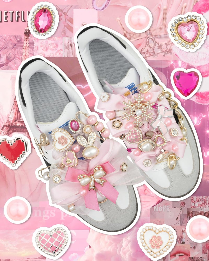 DoDoBeads 95 Pcs Pink Shoe Charms for Sneakers, Junk Socks Charms Kit with Satin & Lace Shoelaces, Pink Sneaker Charm for Women, Cute Shoelace Sock Charm for DIY Decoration - Image 4