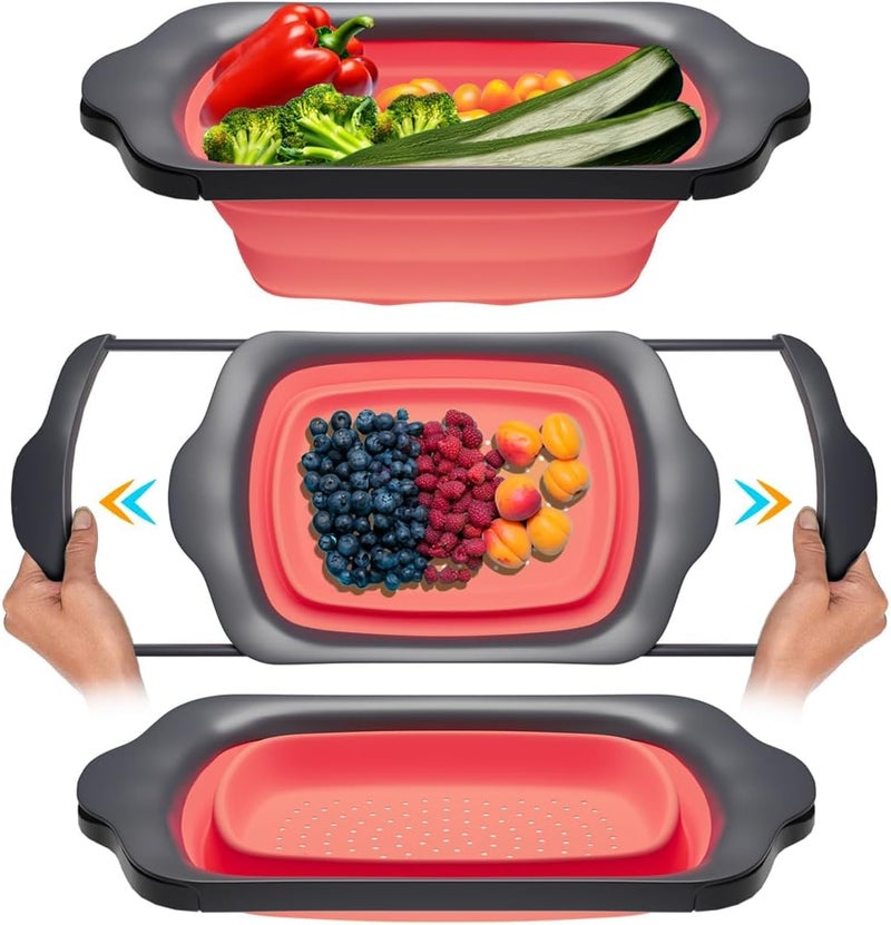 Comfify XL Large Kitchen Strainer by - Collapsible Silicone Over-The-Sink Colander with Extendable Handles - Use with Pasta, Fruit, Berries & Veggie - 6 Quart - Coral - Image 1