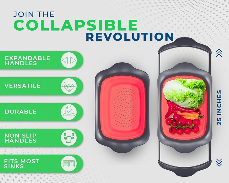 Comfify XL Large Kitchen Strainer by - Collapsible Silicone Over-The-Sink Colander with Extendable Handles - Use with Pasta, Fruit, Berries & Veggie - 6 Quart - Coral - Image 2