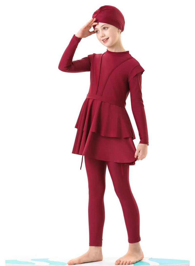 liannaner Girls Modest Muslim Burkini 3 Pieces Full Coverage Long Sleeve Tiered Ruffle Skirt Swimsuit with Swim Hijab Quick Dry Islamic Conservative Kids Burgundy Bathing Suit for Beach Pool - Image 1
