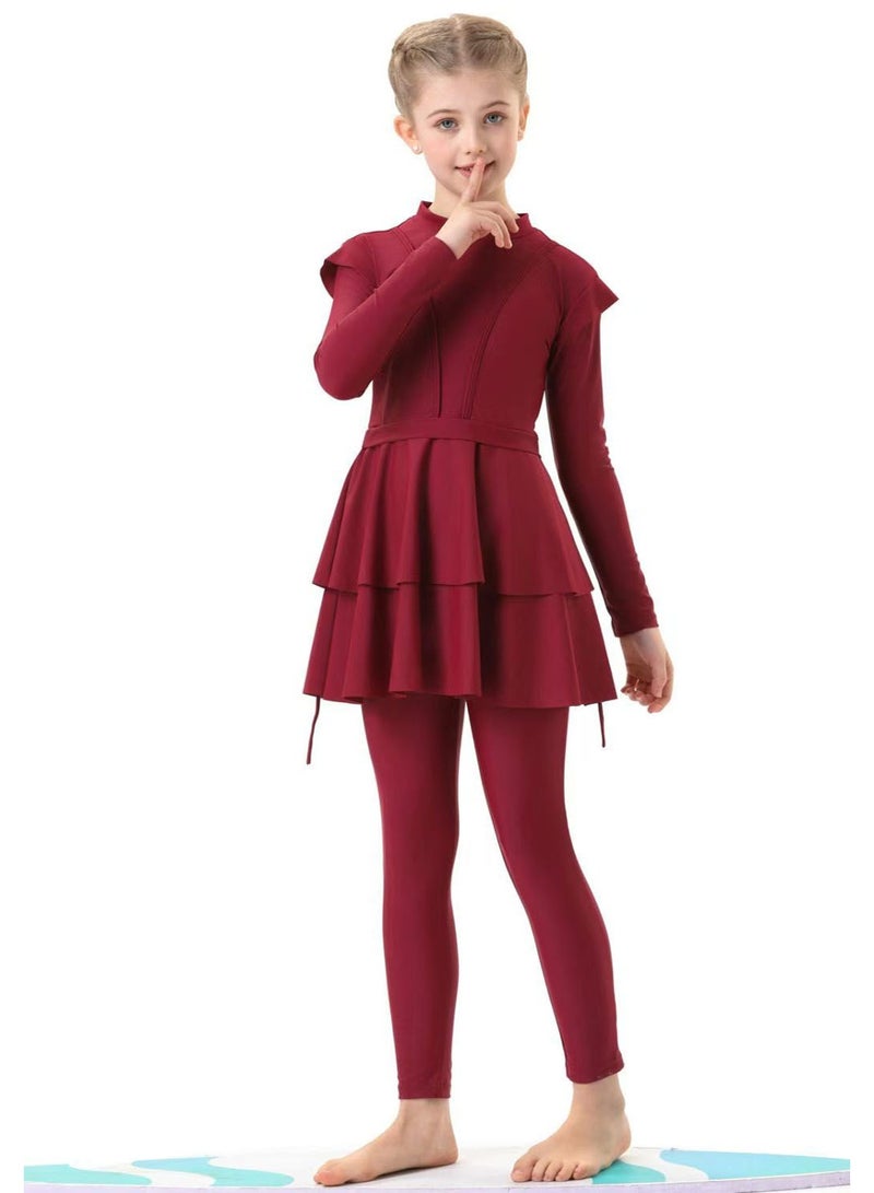 liannaner Girls Modest Muslim Burkini 3 Pieces Full Coverage Long Sleeve Tiered Ruffle Skirt Swimsuit with Swim Hijab Quick Dry Islamic Conservative Kids Burgundy Bathing Suit for Beach Pool - Image 5