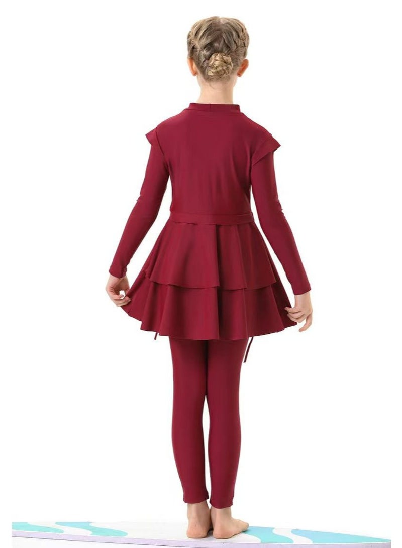 liannaner Girls Modest Muslim Burkini 3 Pieces Full Coverage Long Sleeve Tiered Ruffle Skirt Swimsuit with Swim Hijab Quick Dry Islamic Conservative Kids Burgundy Bathing Suit for Beach Pool - Image 3