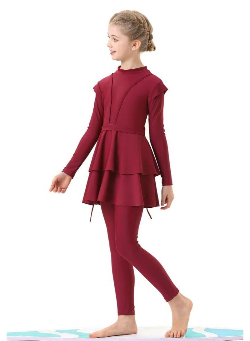liannaner Girls Modest Muslim Burkini 3 Pieces Full Coverage Long Sleeve Tiered Ruffle Skirt Swimsuit with Swim Hijab Quick Dry Islamic Conservative Kids Burgundy Bathing Suit for Beach Pool - Image 4