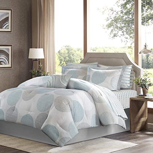 Madison Park Essentials Bed in a Bag Comforter, Vibrant Color Design All Season Down Alternative Cover with Complete Cotton Sheet Set, King(104"x92"), Knowles, Circular Aqua, 9 Piece - Image 1