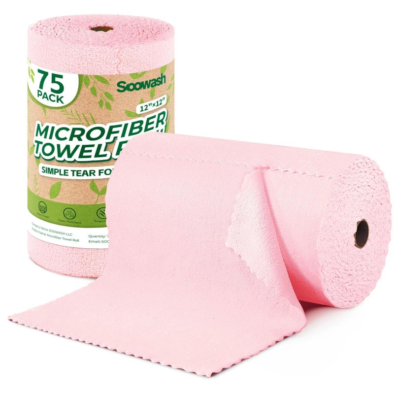 SOOWASH Microfiber Cleaning Cloths Roll, 75 Pack Tear Away Microfiber Towels Roll, 12" x 12" Lint Free Rags, Reusable Cleaning Cloths, Washable, Scratch Free,Ultra Absorbent Dish Rags(Pink) - Image 1