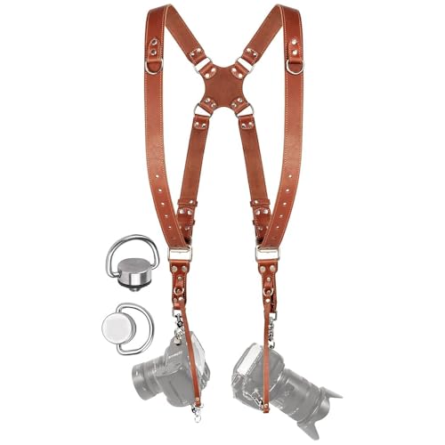 coku Dual Camera Leather Strap Adjustable DSLR/SLR Camera Belt Dual Shoulder Camera Harness Accessories for Two Cameras Multi Camera Gear for Photographers |Quick Release, Universal Fit (Tan) - Image 1