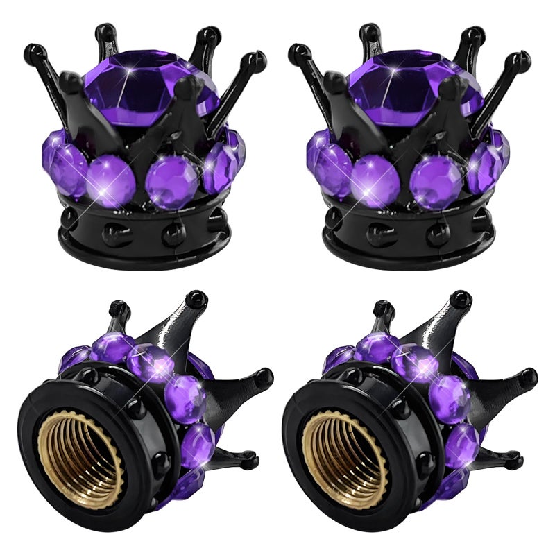 YTFRL 4 PCS Crown Tire Valve Stem Caps Bling Tire Stem Cap Covers with Rubber Ring Copper Core Dustproof Handmade Crystal Wheel Valve Covers for Car SUV Truck Car Accessories Black Purple - Image 3