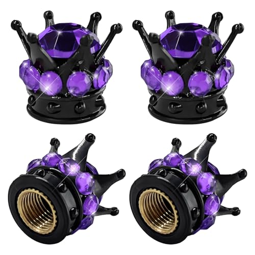 YTFRL 4 PCS Crown Tire Valve Stem Caps Bling Tire Stem Cap Covers with Rubber Ring Copper Core Dustproof Handmade Crystal Wheel Valve Covers for Car SUV Truck Car Accessories Black Purple - Image 1