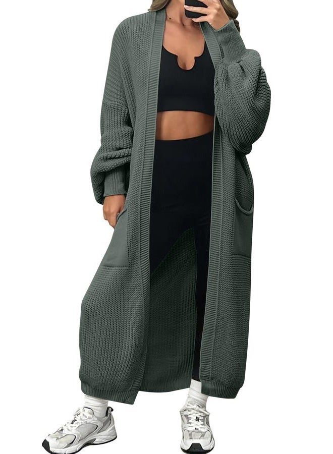 LILLUSORY Women's Oversized Long Cardigan Open Front Duster Sweater Coatigan with Pockets, Dark Green, L - Image 1