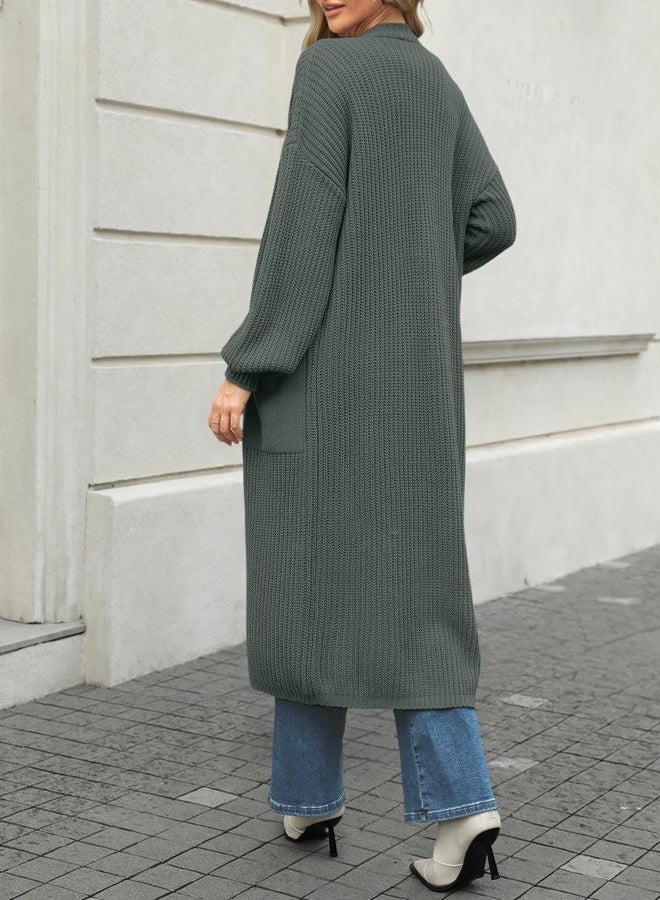 LILLUSORY Women's Oversized Long Cardigan Open Front Duster Sweater Coatigan with Pockets, Dark Green, L - Image 4