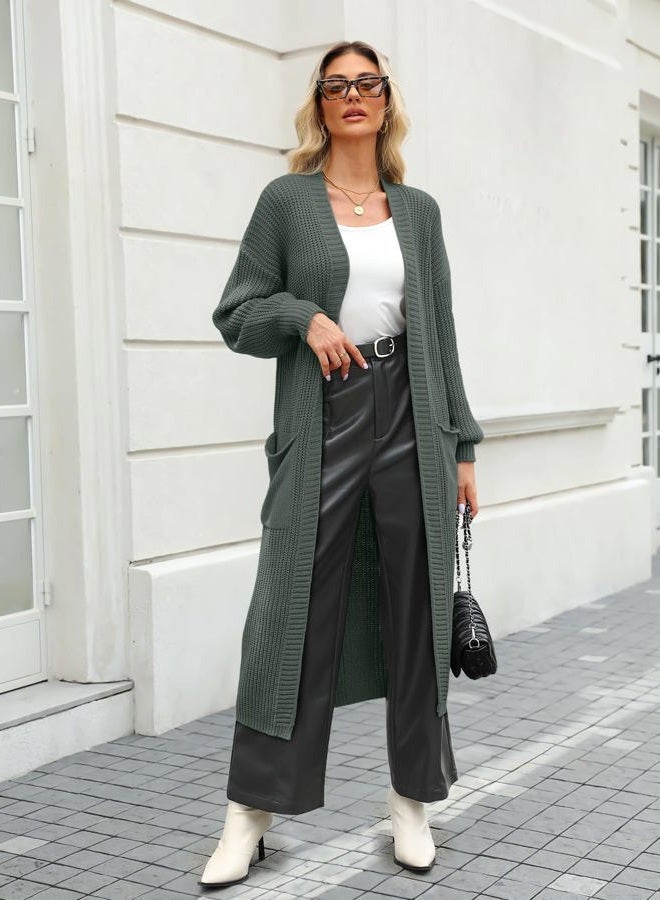 LILLUSORY Women's Oversized Long Cardigan Open Front Duster Sweater Coatigan with Pockets, Dark Green, L - Image 2