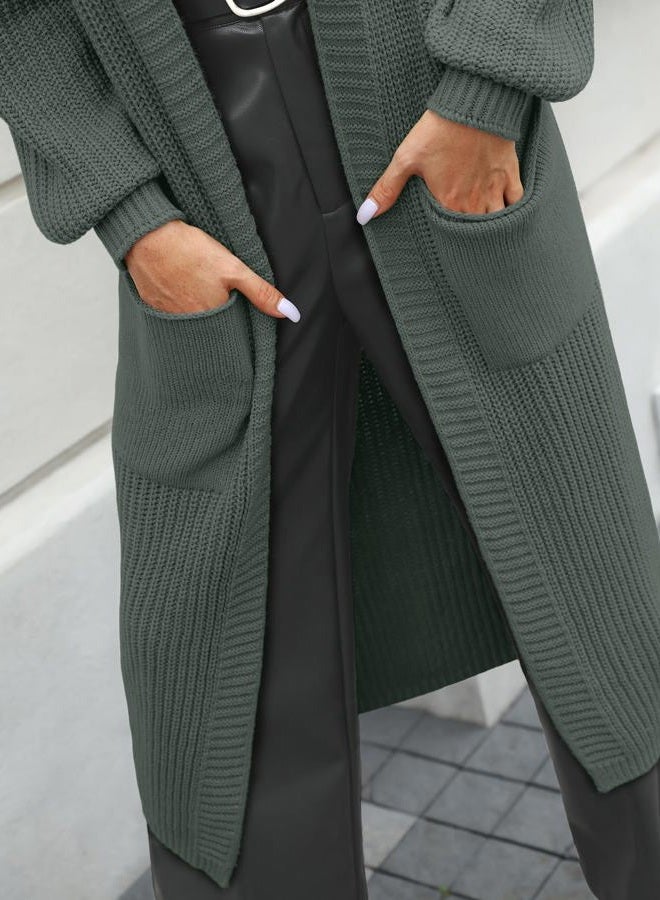 LILLUSORY Women's Oversized Long Cardigan Open Front Duster Sweater Coatigan with Pockets, Dark Green, L - Image 5