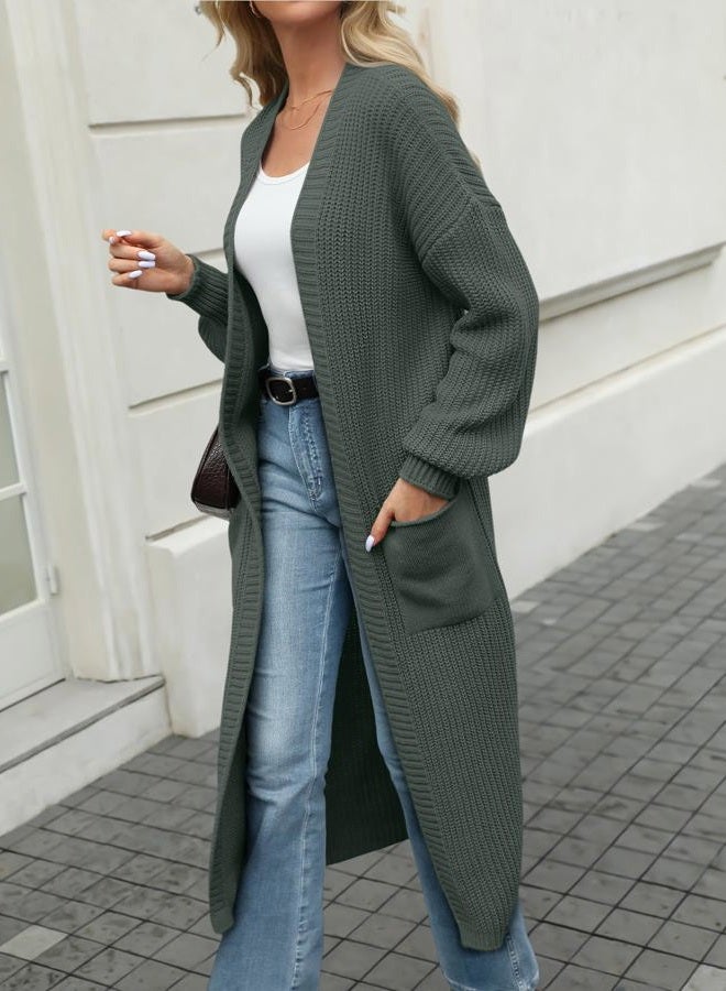 LILLUSORY Women's Oversized Long Cardigan Open Front Duster Sweater Coatigan with Pockets, Dark Green, L - Image 3