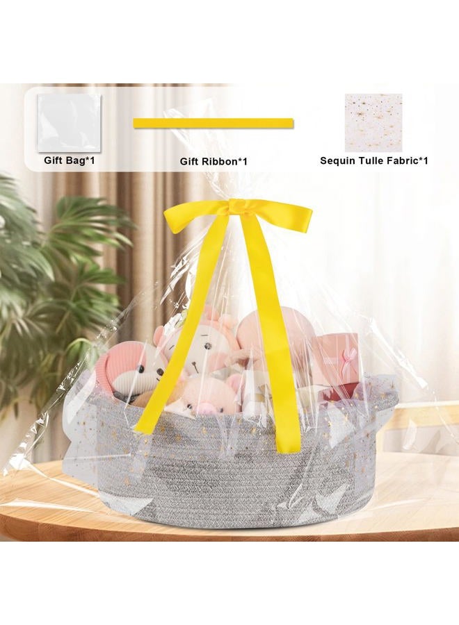 OIAHOMY Large Gift Basket with Handle, 17"x 12.6"x 7" Woven Basket with Gift Bag, Ribbon, Nursery Storage Bins Empty to Fill with Towels, Baby, Pet Toy Organizer - Grey - Image 3
