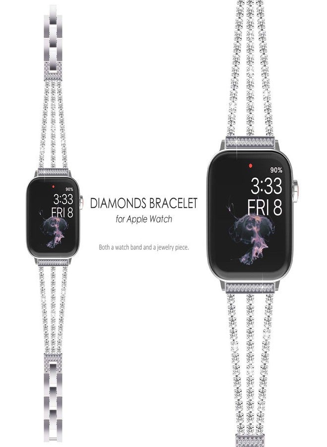 NewWays Compatible for Apple Watch Band 42mm Series 11 10 9 8 7 41mm 40mm SE Series 6 5 4 3 38mm, Sparkling Bling Shiny Diamonds Bracelet for iWatch Band Womens, Silver - Image 2