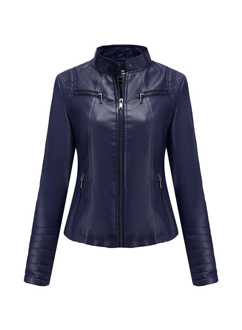 Loquat Women's Short Leather Clothing, Thin Motorcycle Clothing Dark Blue  - Image 1