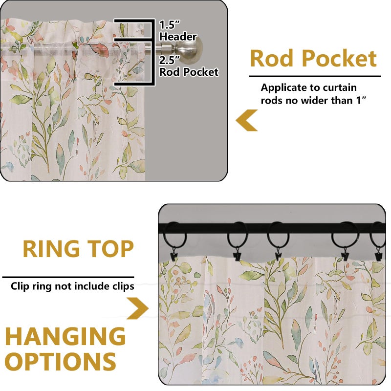 OWENIE Crushed Sheer Curtains 63 Inch Length 2 Panels Set, Sheer Floral Curtians with Printed Design, Printing Drapes for Living Room, Rod Pocket Light Filtering Window Sheers 42" W x 63" L - Image 3