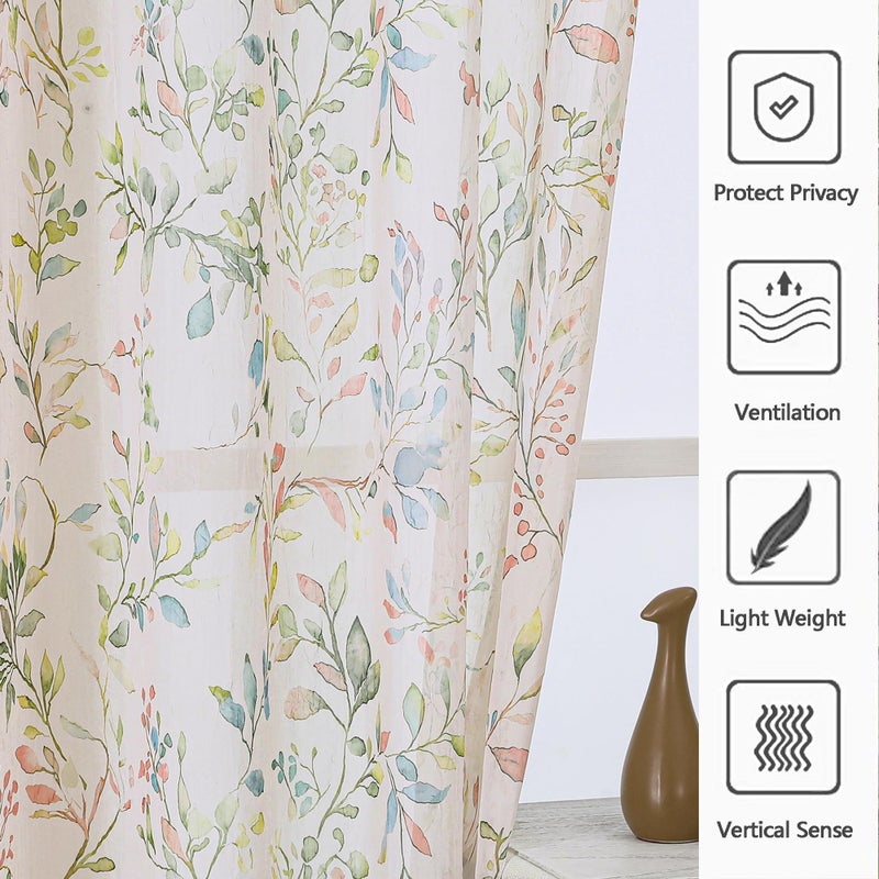 OWENIE Crushed Sheer Curtains 63 Inch Length 2 Panels Set, Sheer Floral Curtians with Printed Design, Printing Drapes for Living Room, Rod Pocket Light Filtering Window Sheers 42" W x 63" L - Image 2