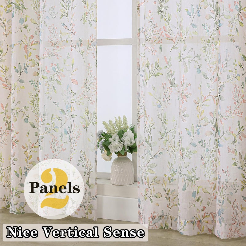 OWENIE Crushed Sheer Curtains 63 Inch Length 2 Panels Set, Sheer Floral Curtians with Printed Design, Printing Drapes for Living Room, Rod Pocket Light Filtering Window Sheers 42" W x 63" L - Image 4