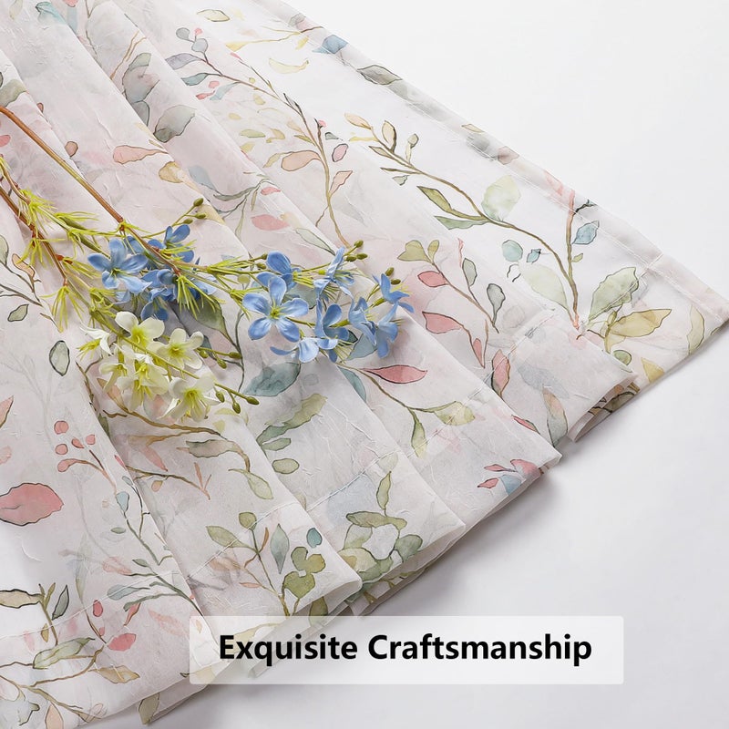 OWENIE Crushed Sheer Curtains 63 Inch Length 2 Panels Set, Sheer Floral Curtians with Printed Design, Printing Drapes for Living Room, Rod Pocket Light Filtering Window Sheers 42" W x 63" L - Image 5