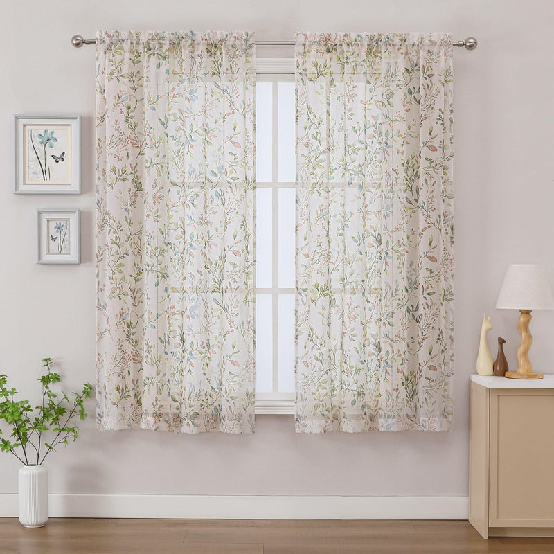 OWENIE Crushed Sheer Curtains 63 Inch Length 2 Panels Set, Sheer Floral Curtians with Printed Design, Printing Drapes for Living Room, Rod Pocket Light Filtering Window Sheers 42" W x 63" L - Image 1