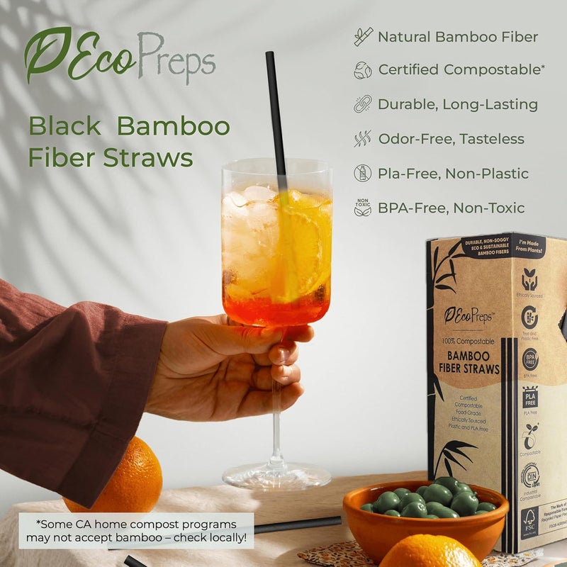 EcoPreps Black Bamboo Fiber Biodegradable Straws, 100% Compostable, Plastic-Free, Eco-Friendly Drinking Straws | 8'' Plant Fiber Disposable Straws, Durable for Hot & Cold Drinks (7.8” - 150 Straws) - Image 5