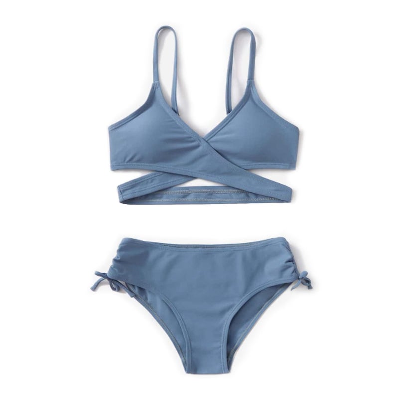 MIENOE Teen Girls' Swimsuits Two-Piece V-Neck Bikini Swimsuit Solid Color Adjustable Shoulder Straps Swimsuit Kids Grey Bikini (Size 12-13Years) - Image 3