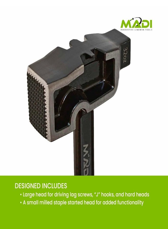 MADI All-Steel Milled Lineman Hammer - Single Piece Forged Steel Handle and Head - 32 Oz Hammer Head with 2 Milled Faces - SMLH-1 - Image 3