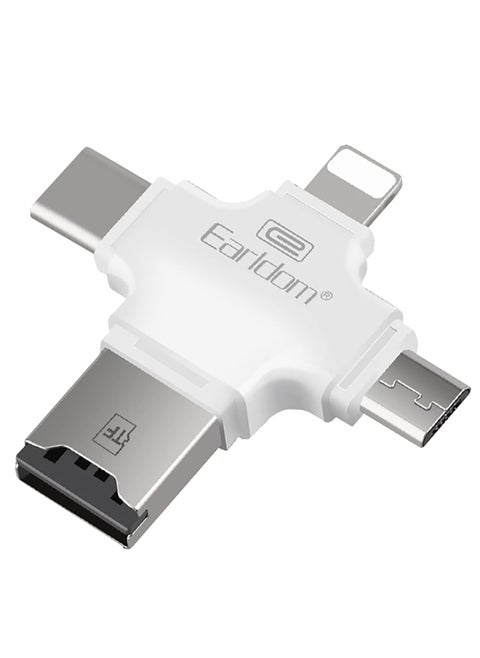 ET-OT20 4 in 1 Multi-Function SuperSpeed Portable TF Card Reader supporting iOS, Android, Type-C, Micro USB, Apple Lightning Cable, USB, White