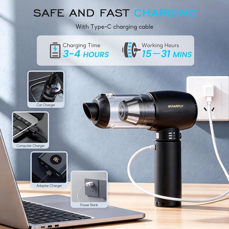 SoarFly Handheld Vacuum Cleaner Battery, 25000Pa 4-in-1 Car Mini Vacuum Cleaner Wireless Strong with LED Light, 2-Speed Electric Dust Blower with Brushless Motor for Car, Kitchen, PC, Sofa, Office - Image 3