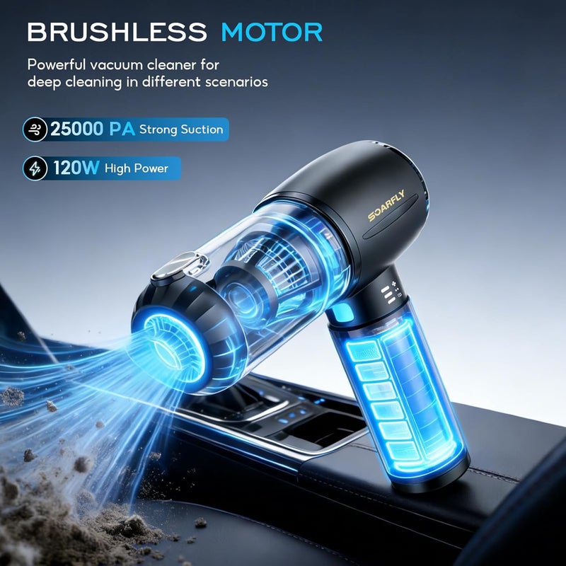 SoarFly Handheld Vacuum Cleaner Battery, 25000Pa 4-in-1 Car Mini Vacuum Cleaner Wireless Strong with LED Light, 2-Speed Electric Dust Blower with Brushless Motor for Car, Kitchen, PC, Sofa, Office - Image 2