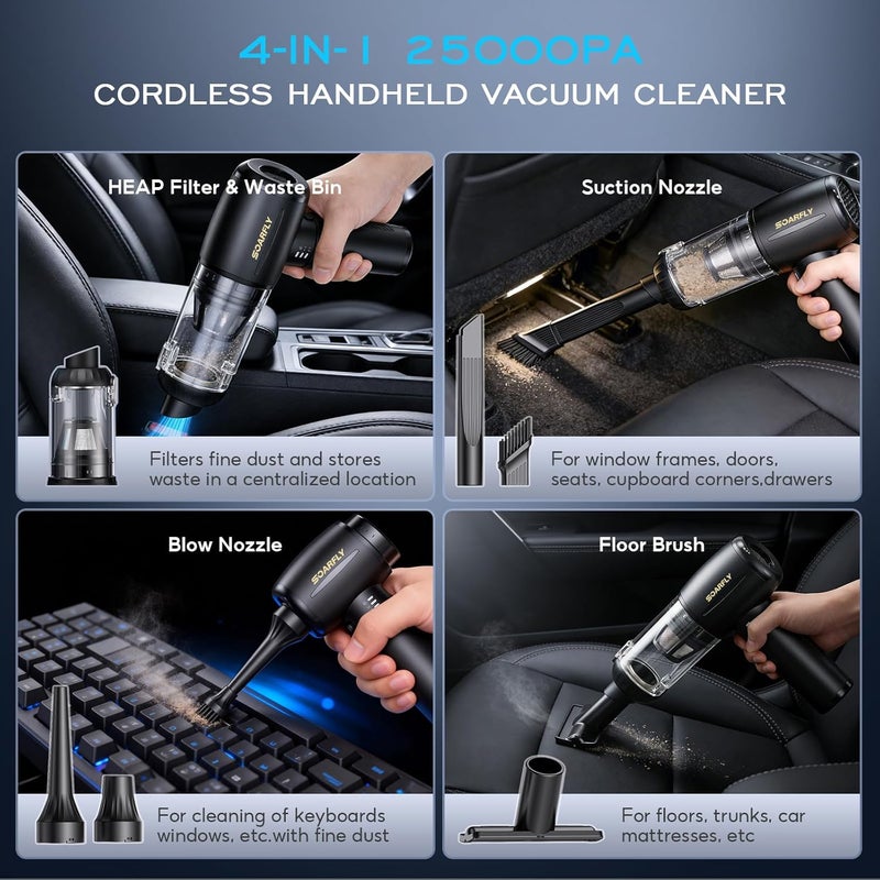SoarFly Handheld Vacuum Cleaner Battery, 25000Pa 4-in-1 Car Mini Vacuum Cleaner Wireless Strong with LED Light, 2-Speed Electric Dust Blower with Brushless Motor for Car, Kitchen, PC, Sofa, Office - Image 4