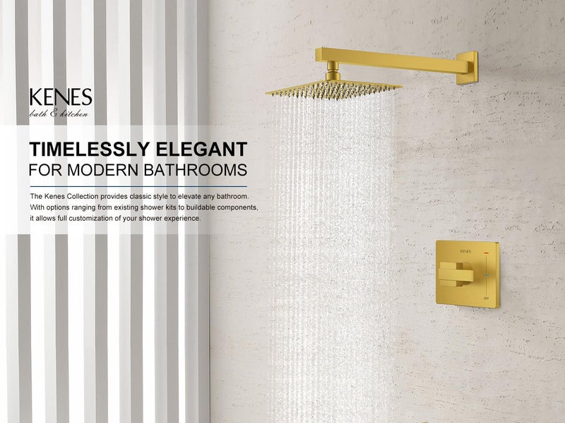 KENES Brushed Gold Shower Faucet, Modern Square 10-Inch Shower Head and Handle Set, Bathroom Rainfall Shower System Wall Mount, KE-6024B-4 (Including Shower Valve) - Image 2