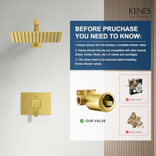 KENES Brushed Gold Shower Faucet, Modern Square 10-Inch Shower Head and Handle Set, Bathroom Rainfall Shower System Wall Mount, KE-6024B-4 (Including Shower Valve) - Image 3