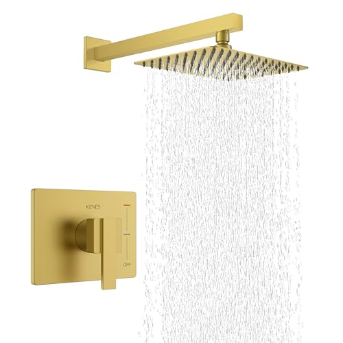 KENES Brushed Gold Shower Faucet, Modern Square 10-Inch Shower Head and Handle Set, Bathroom Rainfall Shower System Wall Mount, KE-6024B-4 (Including Shower Valve) - Image 1