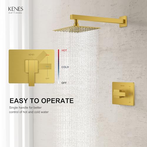 KENES Brushed Gold Shower Faucet, Modern Square 10-Inch Shower Head and Handle Set, Bathroom Rainfall Shower System Wall Mount, KE-6024B-4 (Including Shower Valve) - Image 4