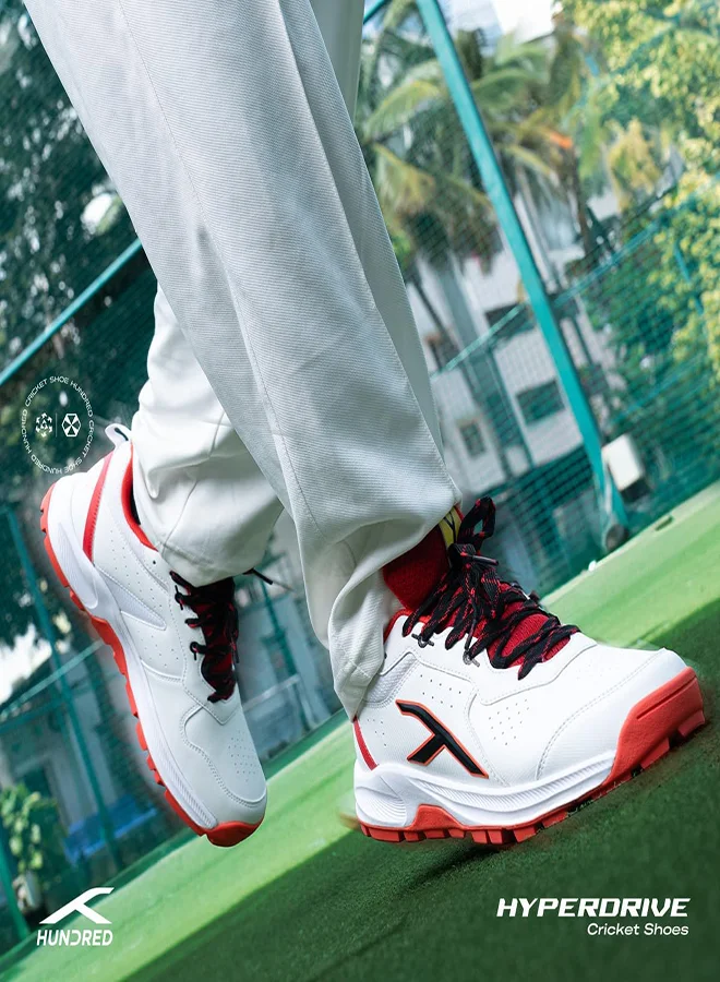 HUNDRED Hyperdrive Cricket Shoes | Terraspike Rubber Studs | Embedded Support Plate For Stability | Lightweight & Durable | Ideal For Turf, Ground & Hard Surfaces (White/Red/Black ; Uk 5)