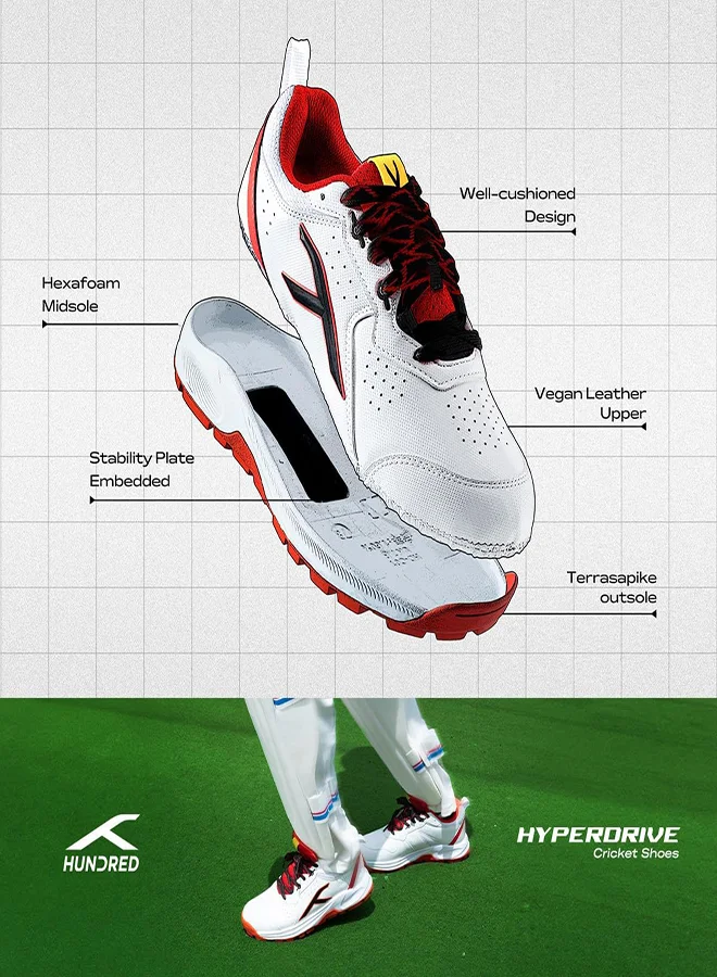 HUNDRED Hyperdrive Cricket Shoes | Terraspike Rubber Studs | Embedded Support Plate For Stability | Lightweight & Durable | Ideal For Turf, Ground & Hard Surfaces (White/Red/Black ; Uk 5)
